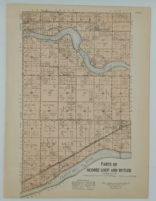 1922 Parts of Oconee, Loup & Butler Township Plat Map Platte County Nebraska
