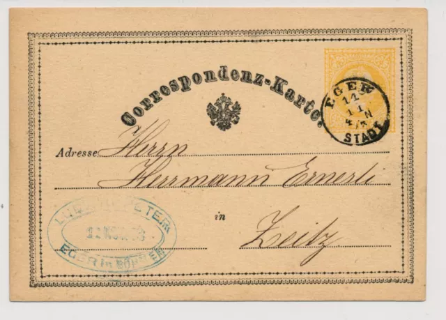 Österreich 187. 2kr Karte von EGER/STADT (B) nach ZEITZ, Kl:15P!