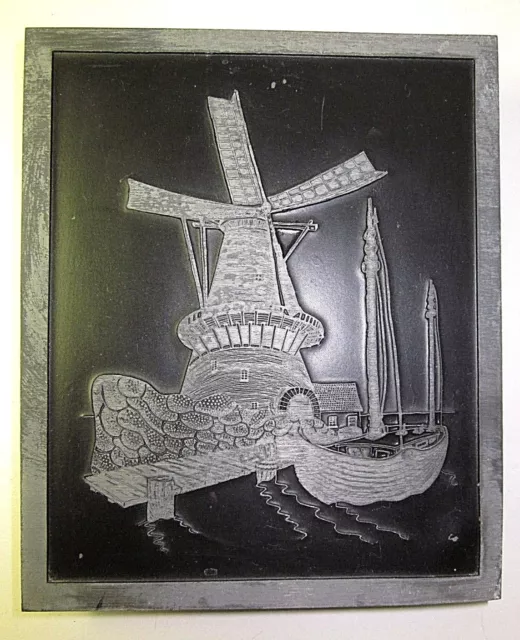 Letterpress Printing 5-3/4" Typeset Windmill Sailing Boat Zinc Plate Wood Block