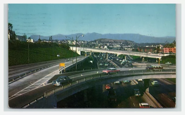 Postcard CA Los Angeles California 1965 Harbor Freeway Cars Aerial View