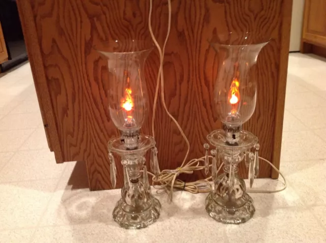 Antique Victorian Old Cut Glass Prism Mantle Boudoir Parlor Etched Glass Lamps