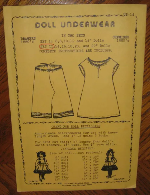 Antique Vintage Doll Chemises Drawers Patterns 14" to 22" dolls by Hazel Ulseth