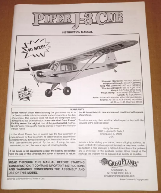 Great Planes J-3 Piper Cub 40 Size RC Kit Manual Instruction Book CUB4P03 New