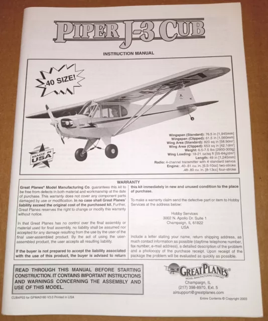 Great Planes J-3 Piper Cub 40 Size RC Kit Manual Instruction Book CUB4P03 New Great Planes J-3 Piper Cub 40 Size RC Kit Manual Instruction Book CUB4P03 New