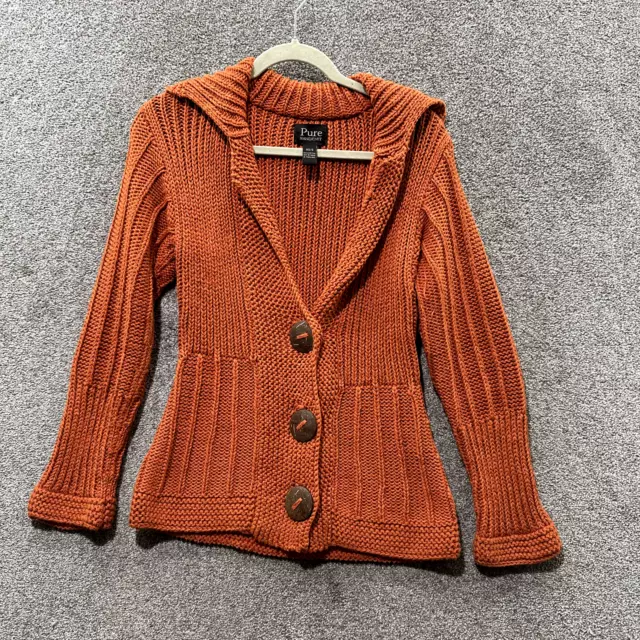 Pure Handknit Cardigan Sweater XS/S Orange Button Up V Neck Chunky Knit Boho