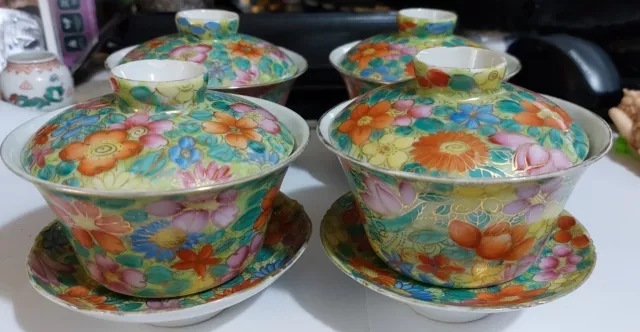 Chinese Millefiori Famille Rose Porcelain Bowls & Saucers With Covers X4 C19th