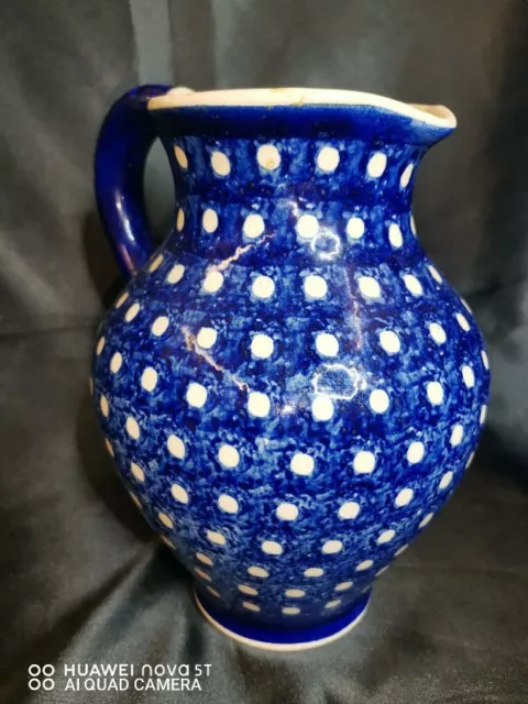 Vintage Keramik Krug Kanne „Blau Weiße Punkte