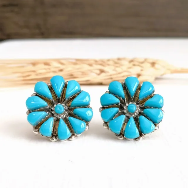 Native American Navajo Sterling Silver Turquoise Cluster Round Flower Earrings