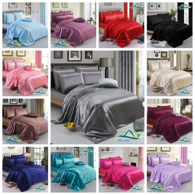 6Pcs Satin Silk ✔ Complete Bedding Set ✔ Duvet Cover Fitted Sheet 4 Pillow Cases