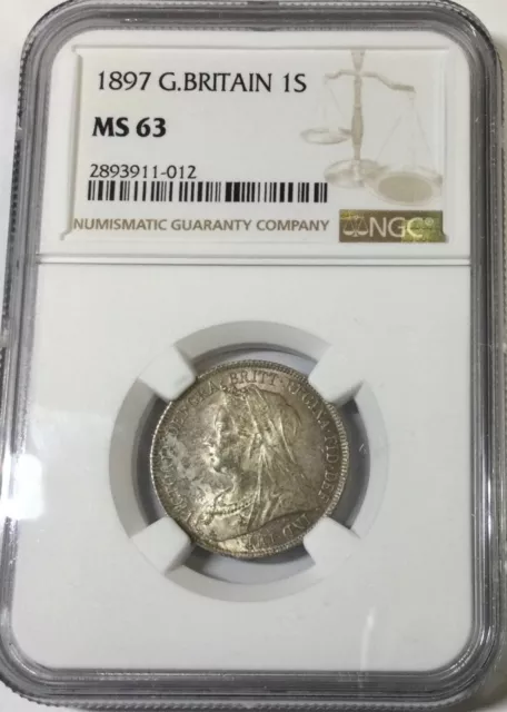 1897  Great Britain Old Head Shilling  NGC MS63 Light  Toning Nice Coin