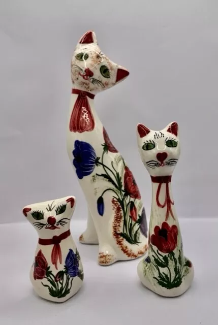 3x Cute Vintage Knossos Pottery Pussy Cat & Kittens Hand Painted 1960s Kitsch
