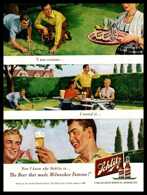 1950 Schlitz Beer Friends Drink Playing Horseshoes In Backyard Vintage Print Ad