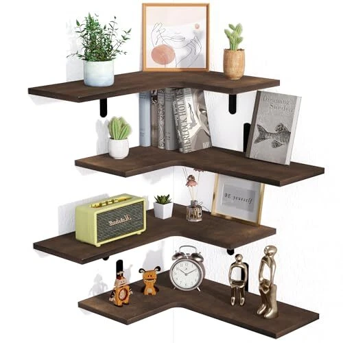 Corner Floating Shelves Set of 4, Wood Corner Shelf for Wall Decor Dark Brown
