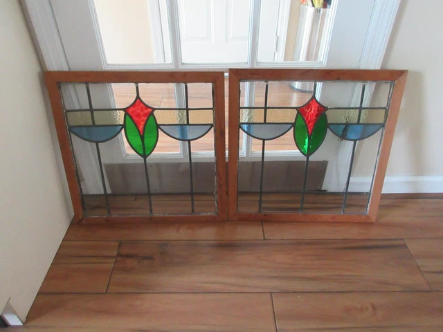Pair Of Old English Antique Reframed Stained Glass Windows