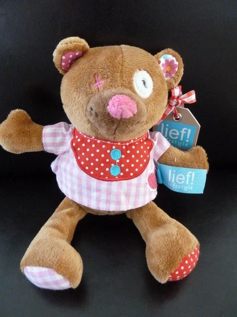 T6- DOUDOU PELUCHE LIEF OURS MARRON ROSE ROUGE VICHY CARREAUX 19cms - NEUF