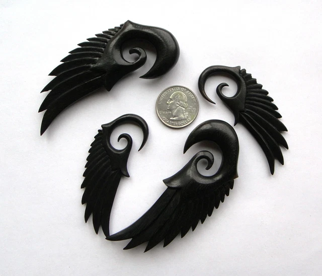 Pair Organic Angelic ANGEL WING Black Areng Wood Spiral Ear Expander Plugs Gauge 2