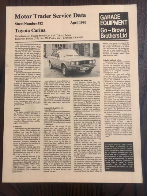 Toyota Carina  Motor Trader No 582 Service Data Information Sheets 1980