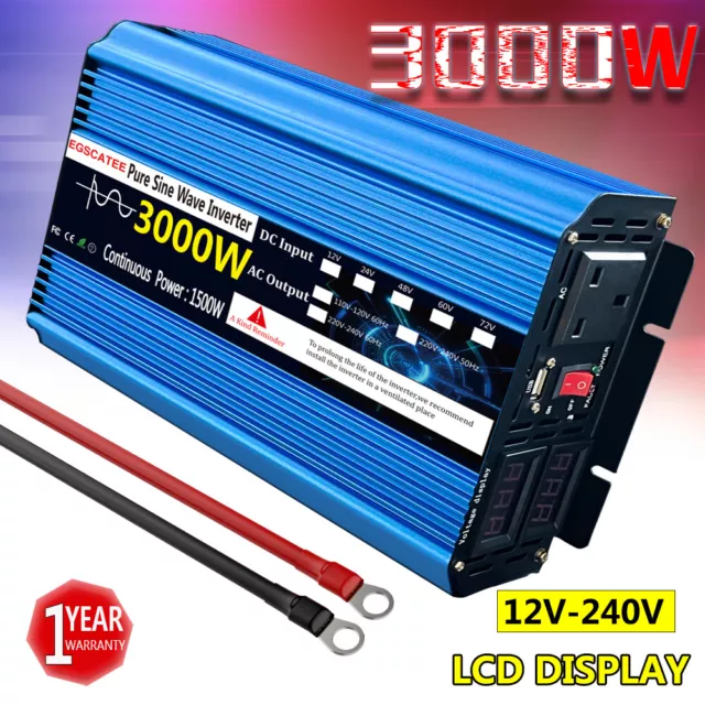1500W 3000W Pure Sine Wave Power Inverter Converter DC 12V to 220V 240V USB LCD