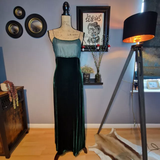 Vintage 90s Monsoon Emerald Velvet Long Dress UK Size 12/14