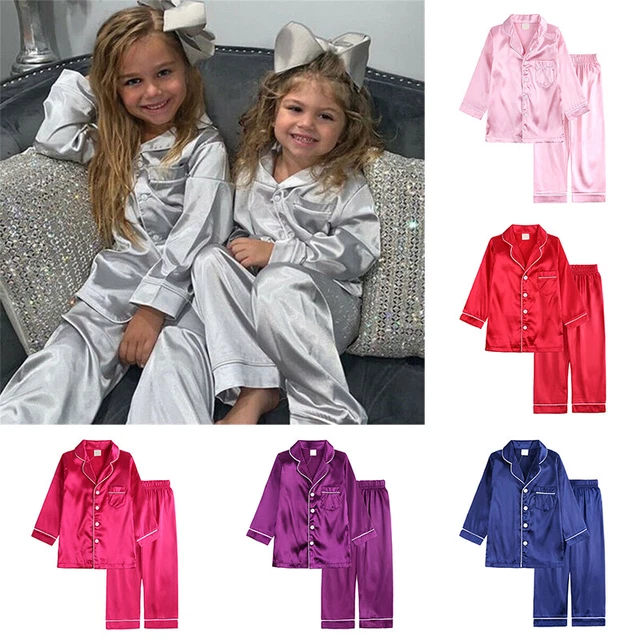 Baby Boy Girl Silk Satin Pyjamas PJS Set Kids Long Sleeve Sleepwear Nightwear