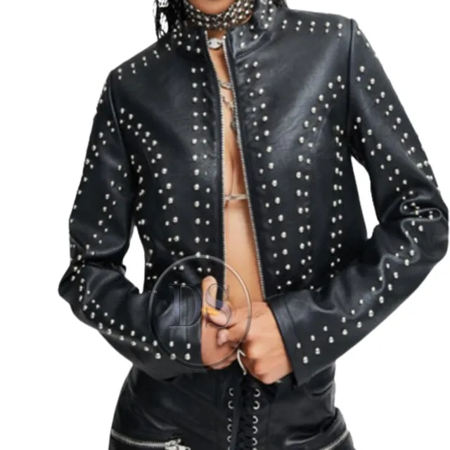 Handmade Women's Black Color Genuine Leather Jacket, Fashion Studded Jacket