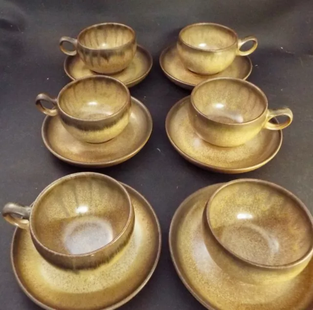Set Of 6 Denby Stoneware Romany Brown Tea Cups & Saucers