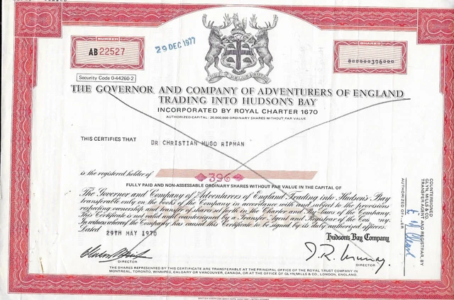 Hudsons Bay Company  Share Certificate