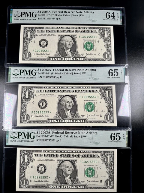 Lot of 3 Consecutive Star Federal Reserve Notes PMG 65 and 64 EPQ fr 1931-F* ATL