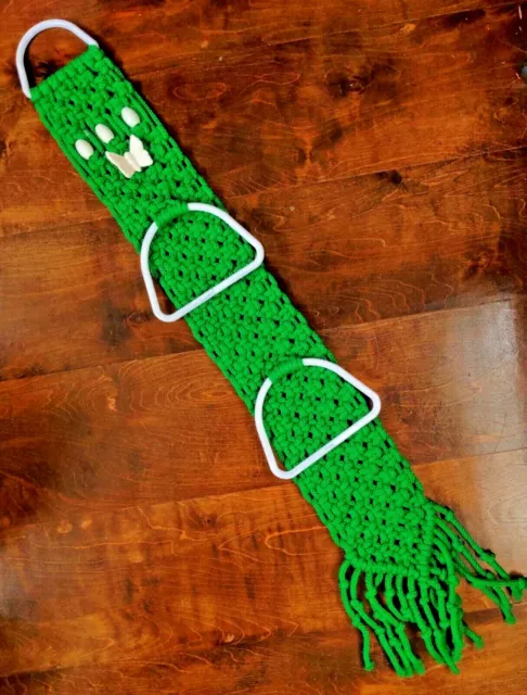 Vintage 1970's Bright Green Macrame Double Towel Holder with Ceramic Butterfly
