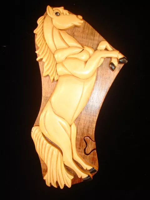 Hand crafted 3D Intarsia Wood Art HORSE Puzzle Wooden Box Wild Animal