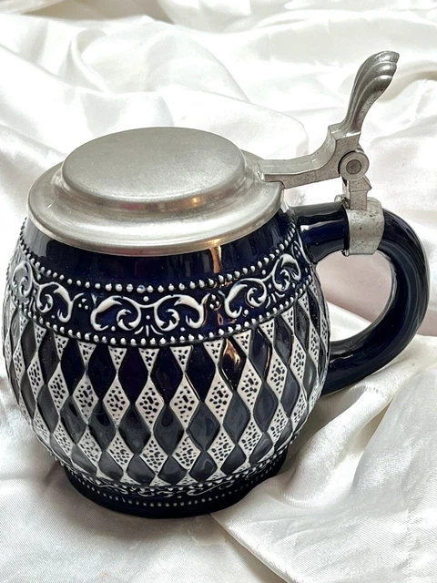 Vintage Gerz 95% Zinc Metal Lidded Beer Stein- Blue Short And Round