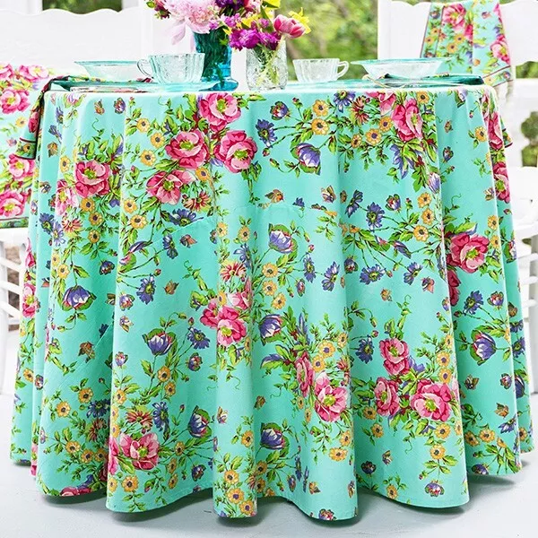 April Cornell Penny's Patio Tablecloth 88 Inch Round Aqua Pink Lavender Yellow