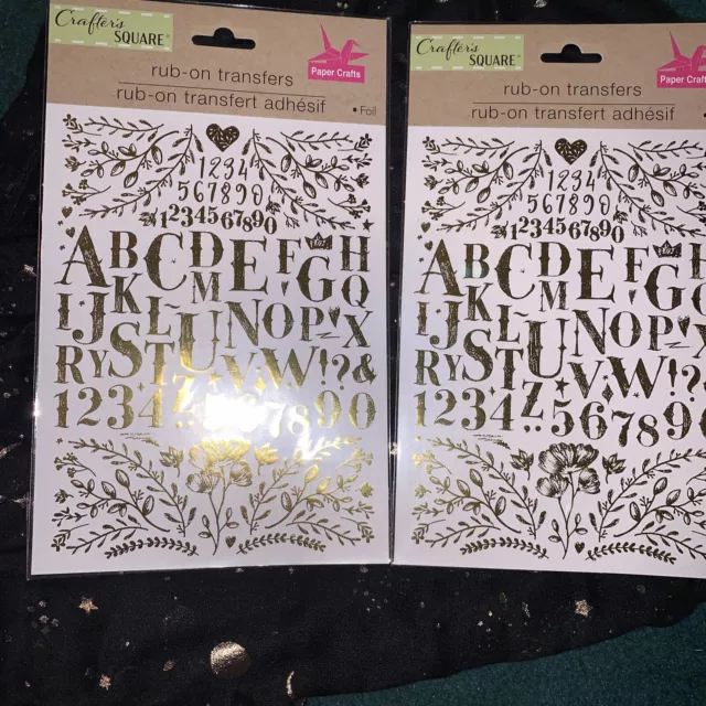 Transferencias cuadradas Crafter's frotadas 2 piezas ~ letras de lámina de oro números flores