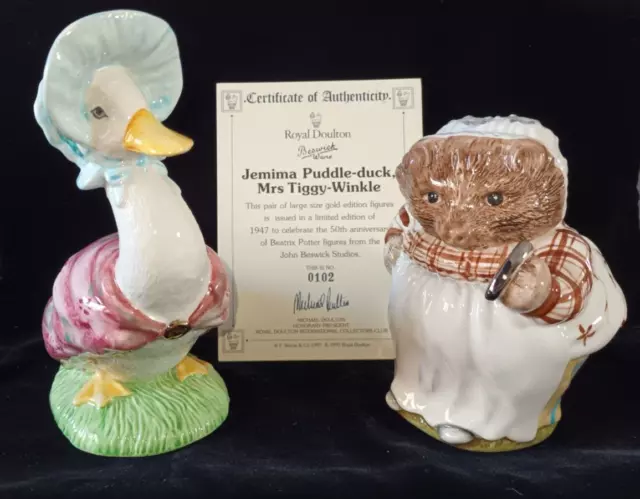 Beswick JEMIMA PUDDLE-DUCK & MRS TIGGY-WINKLE large gold L/E Beatrix Potter 1997