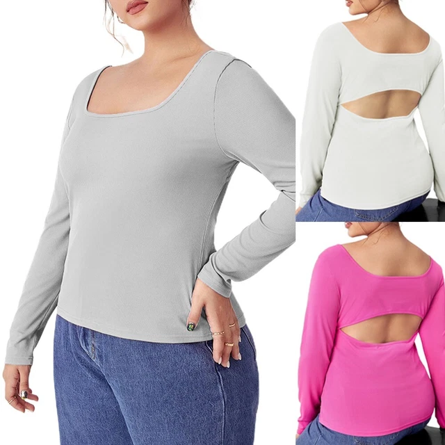 Taglie Forti Donna Manica Lunga T-Shirt Casual collo Quadrato Ritagliata Maglia