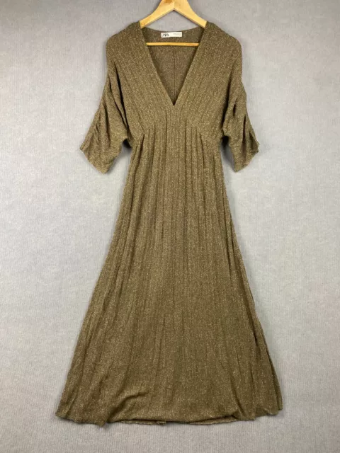 Zara Dress Womens Medium Gold Metallic Shiny Maxi V Neck Formal Evening Cocktail