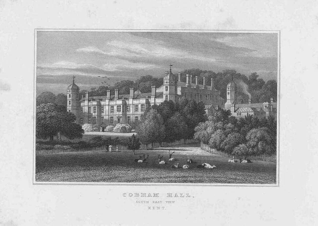 Cobham Hall, Kent, Südostansicht - antiker gravierter Druck 1829