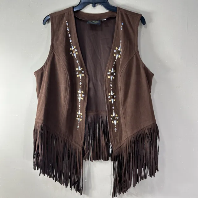 Bob Mackie Vest Womens Sz 1X Studded Fringe Faux Suede Boho Festival Rodeo