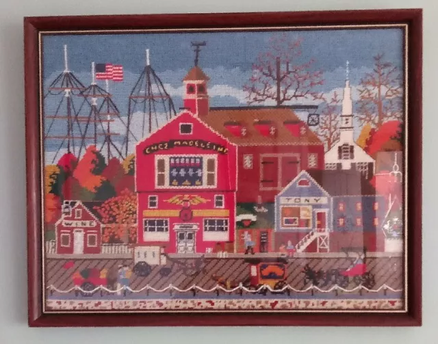 18 x 15 Kunst bestickt Handstich genäht Village Town 1800er USA P31