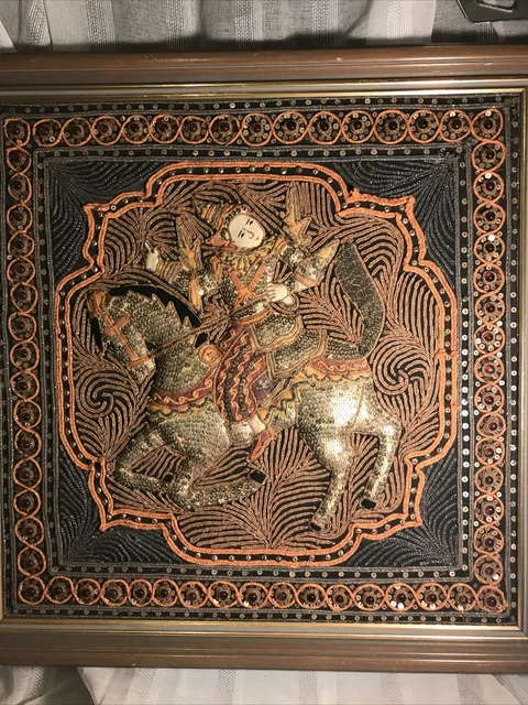 THAI BURMESE KALAGA Framed Wall Hanging Tapestry Needlework Sequin APPLIQUÉ VTG