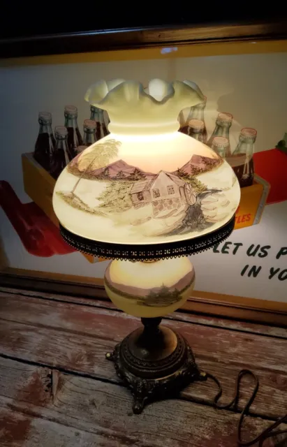 Fenton Uranium Glass Satin Custard Painted A. Lanley Gristmill Table Lamp Light