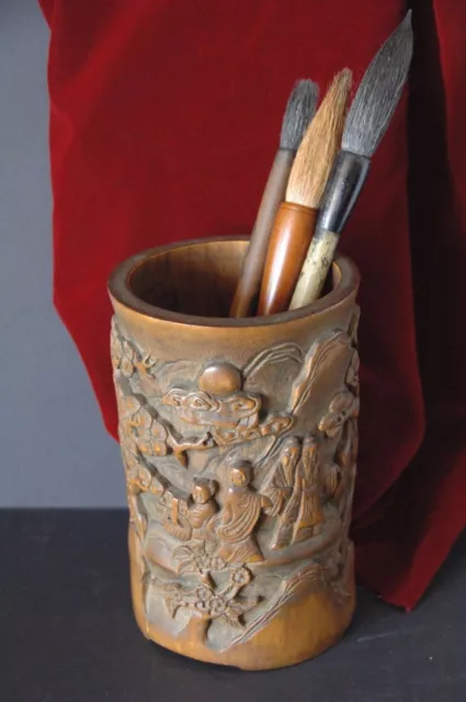 Old Chinese Bamboo Bitong / Scholar Brush Pot …beautifully hand carved