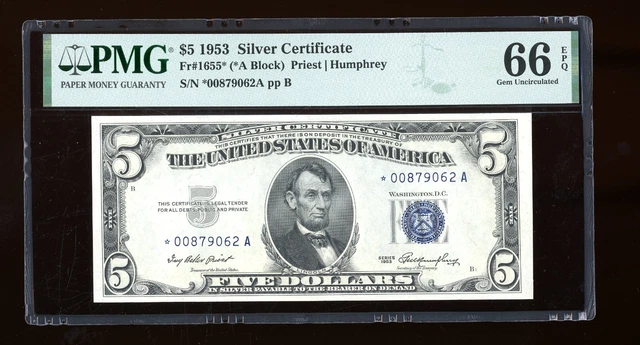 DBR $5 1953 Silver STAR Gem Fr. 1655* PMG 66 EPQ Serial *00879062A