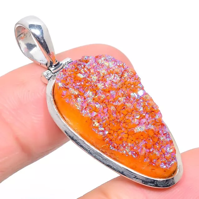 Titanium Druzy Gemstone Handmade 925 Sterling Silver Jewelry Pendant 1.81"
