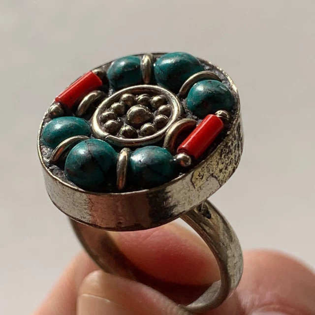 Ancient Silvered Viking Old Ring Artifact Turquoise Stones Authentic Very Rare