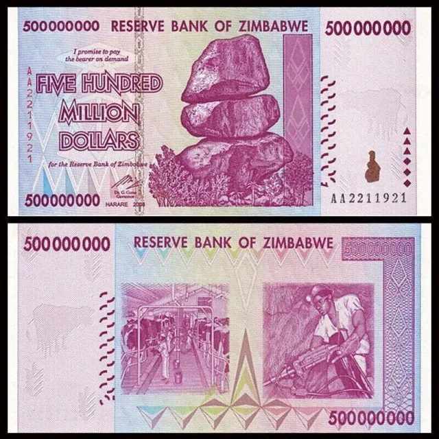 Zimbabwe 500 Million Dollars Banknote UNC AA/AB+ 2008 100 Trillion Série P-82