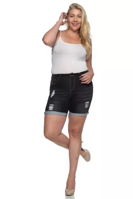 NEW Plus size "Be-Girl"  stretch Denim Short turn up edge black wash WG-36309X 3