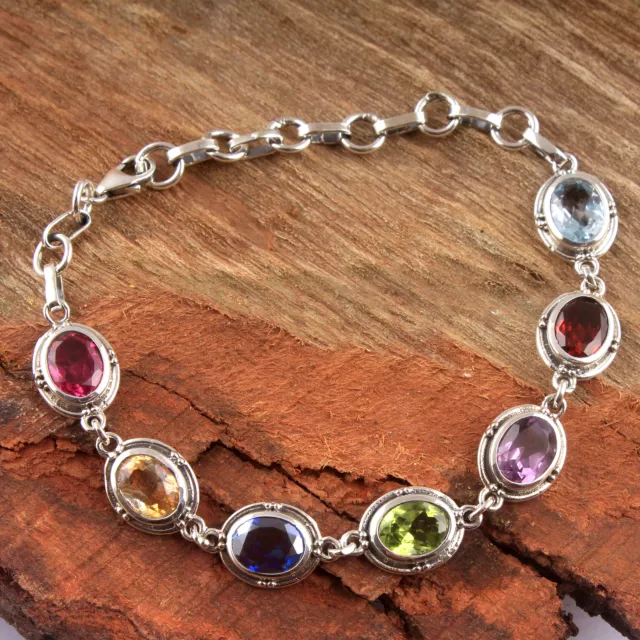 Multi Gemstone Bracelet 925 Sterling Silver bracelet chakra jewelry 7.5"