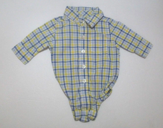 Infant Boys Baby Gap Blue & Yellow Pocket Bodysuit Button Down Shirt Sz 0-3 Mon