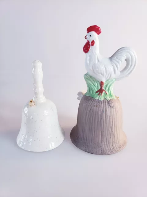 Lot of 2 Vintage Collectible Bisque Porcelain Bells Rooster Chicken 2